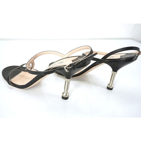 Miu Miu Black Leather Screw Bolt Heel T Strappy Sandal - Picture 6 of 10